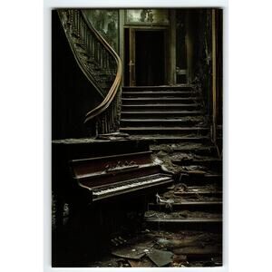 Vintage Photochrome Postcard Abandoned Piano & Staircase 5.5x4 in